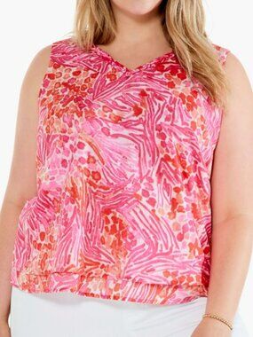 NIC+ZOE Pink Coral Watercolor Floral Bright V-Neck Tank Blouse Size Large EUC